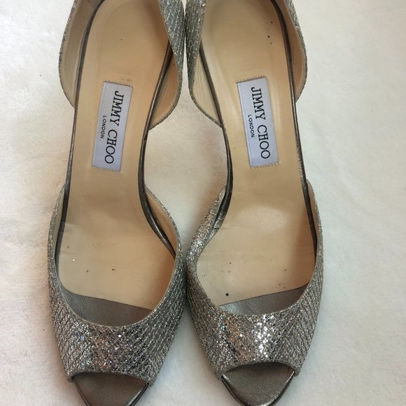 Jimmy Choo Open-toed Silver Heels - Picture 1 of 4